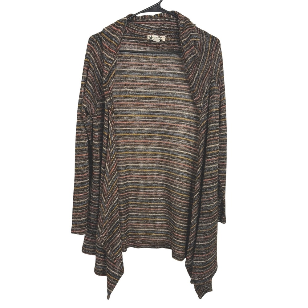 Unity‎ World Wear Womens Boho Earthy Striped Hooded Cardigan Open Front Knit M